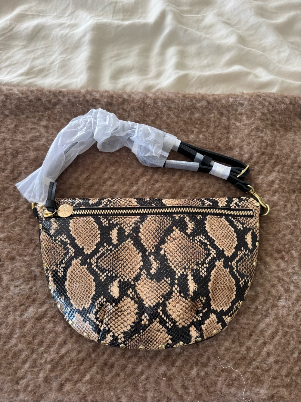 Clare V. Grande Fanny Snake Print Half-Moon Crossbody Bag in Tan and Black
